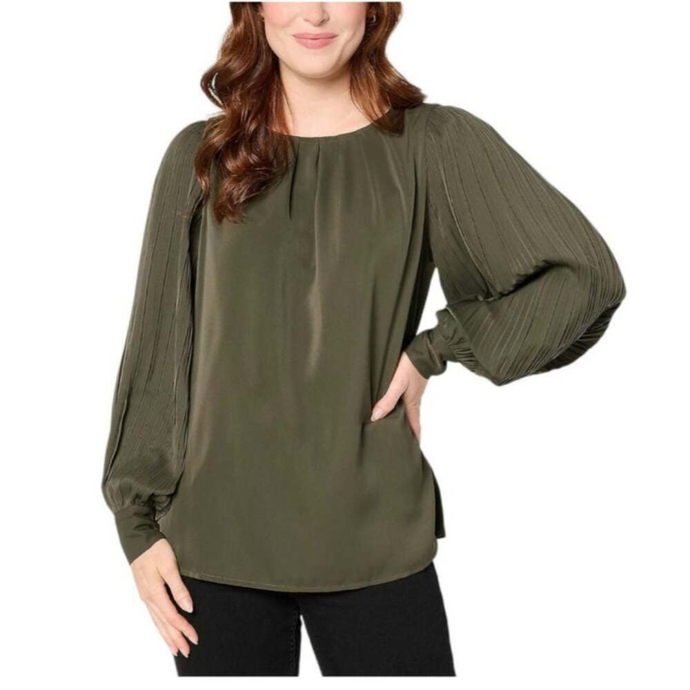 Belle by Kim Gravel QVC Green Pleated Balloon Sleeve Blouse Women XL